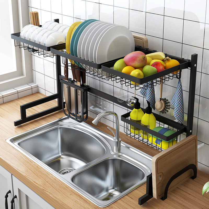 Black 65/85cm Stainless Steel Kitchen Dish Rack U Shape Sink Drain Rack Two layers Kitchen Storage Holder