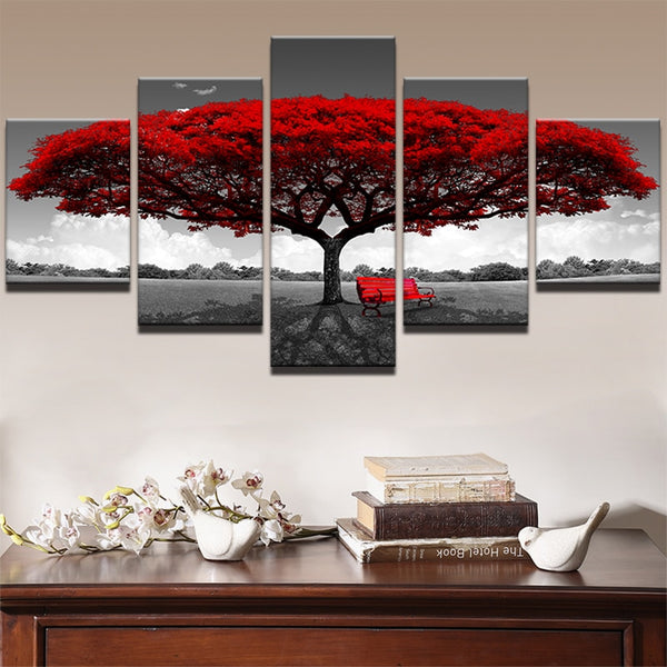 Modular Canvas HD Prints Posters Home Decor Wall Art Pictures 5 Pieces Red Tree Art Scenery Landscape Paintings Framework PENGDA